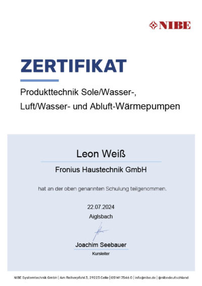 Zertifikat Nibe Produktschulung Leon Weiß
