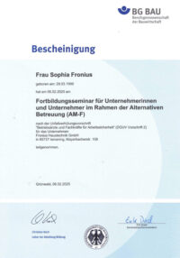 Bescheinigung BG Bau - S. Fronius